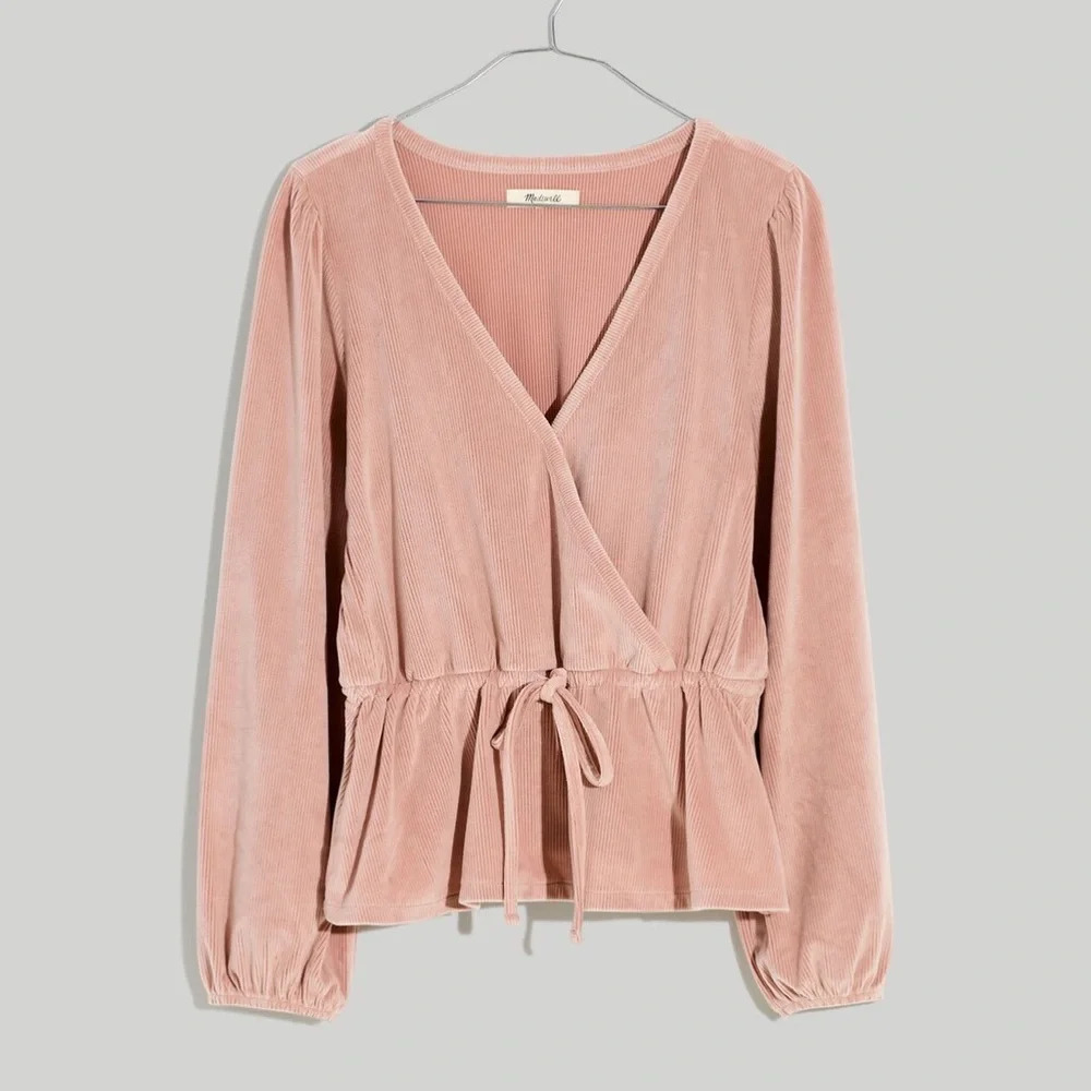 NWT Madewell Corduroy Tie Front Faux Wrap Top Blush Pink Small
